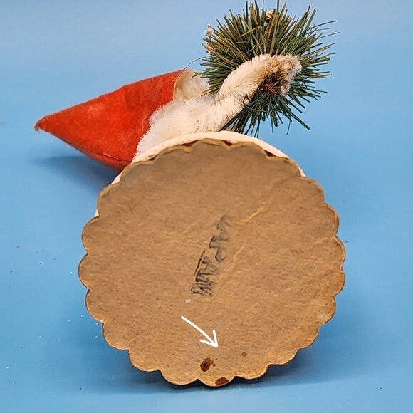 1950s Putz Elf Ornament Bottle Brush Tree Red Flocked Hat Spun Cotton Celluloid - Picture 8 of 8